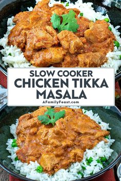 slow cooker chicken tikka masala in a bowl with rice and cilantro