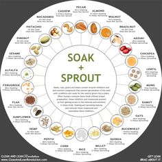 a circle with the words soak and sprout written in different languages on it