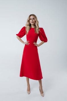 Fabric: Crepe Viscose 50%, Polyester 40%, Elastane 10% Round neckline Puff sleeves Short sleeves Zipper on back Midi length Black Sleeveless Midi Dress, Race Wear, Crepe Midi Dress, Puff Sleeve Midi Dress, Red Evening Dress, Evening Gowns Elegant, Classy Work Outfits, Puff Sleeve Dresses, Red Midi Dress