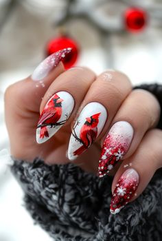 Celebrate the holidays with these 15 festive cardinal nail designs. Featuring red cardinal Christmas nails and winter cardinal nails, this collection is perfect for adding a touch of holiday cheer to your manicure. Each design showcases beautiful details, such as cardinal red and gold nails, making your nails a true work of art. Get inspired by these cardinal nail art ideas and create your own festive look with cardinal red nail polish. #rednaili Cardinal Nails, Red Cardinal Christmas, Bird Nail Art, Nails Making, Red And Gold Nails, Winter Cardinal, Cardinal Christmas, Different Nail Designs, Red Nail Polish