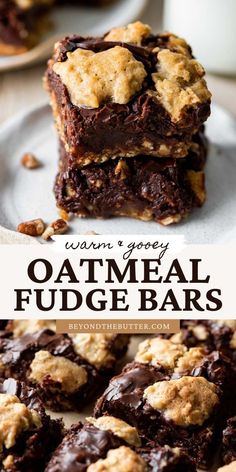 These Classic Oatmeal Fudge Bars combine a soft and chewy oatmeal cookie base with a layer of chocolate fudge topped with more oatmeal cookiesIt's a warmgooey delicious treat that's easy to make and perfect for any time of yearRecipe on BeyondtheButter.comfudgenutbars oatmealfudgebars chocolatefudge dessert beyondthebutter Gooey Chocolate Oatmeal Bars, Oatmeal Chocolate Fudge Bars, Easy Chocolate Bars Recipes, Cookies Or Bars Recipes, Dessert Using Oatmeal, Baked Squares Bar Recipes, Cake Bake Recipes, Chocolate Fudge Oat Bars, Dessert Recipes With Oatmeal