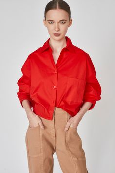 Cropped Button Down Color: Red 97% Cotton, 3% Spandex Hand Wash Cold + Flat Dry Fits True to Size Red Button Shirt Outfit, Red Shirt Outfit Women, Red Shirt Outfit Ideas, Red Button Up Shirt Outfit, Red Blouse Outfit, Red Shirt Outfit, Button Shirt Outfit, Red Shirt Outfits, Classy Bodycon Dress