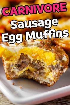 an egg muffin is cut in half on a plate with the words carnivore sausage egg muffins