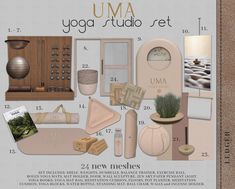 the uma yoga studio set is shown with all its accessories and items in it