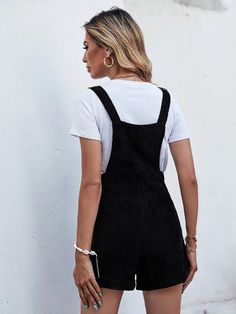 Introducing our Dual Pocket Overall Romper, the perfect addition to your casual wardrobe. This romper features a simple and chic plain design with a high waistline that flatters your figure. The straps are adjustable for a comfortable fit, and the sleeveless design makes it ideal for warm weather. Crafted from high-quality corduroy fabric, this romper is made from 100% polyester, providing durability and a soft texture. It is a versatile and trendy piece that's a must-have in any casual wardrobe. Add it to your collection today and elevate your everyday style game! Features: Style: Casual Pattern Type: Plain Details: Pocket Length: Short Type: Overall Fit Type: Regular Fit Neckline: Straps Sleeve Length: Sleeveless Waist Line: High Waist Fabric: Slight Stretch Material: Corduroy Compositio Solid Cotton Jumpsuits And Rompers With Spaghetti Straps, Chic Solid Jumpsuits And Rompers With Adjustable Straps, Chic Jumpsuits And Rompers With Adjustable Straps, Chic Cotton Jumpsuits With Spaghetti Straps, Casual Solid Jumpsuits And Rompers With Spaghetti Straps, Casual Black Jumpsuits And Rompers With Adjustable Straps, Casual Solid Color Spaghetti Strap Jumpsuit, Black Spaghetti Straps Jumpsuits And Rompers, Black Summer Overalls With Adjustable Straps