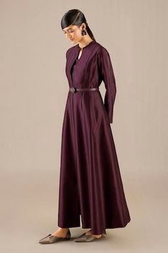 Burgundy jacket gown featuring faux leather trim in the front and sleeves. Paired with a solid inner top and pant. Comes with a waist belt. - Aza Fashions Gown Full Sleeves, Jacket Gown, Gowns Purple, Burgundy Jacket, Open Jacket, Set Women, Full Sleeves, Pant Set, Faux Leather Jackets