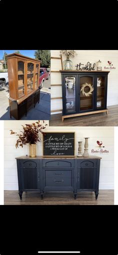 three different pictures of furniture and signs on the side of a building, including a cabinet with glass doors