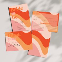 two wedding thank you cards with an orange and pink wave design on the front, one for bride to be