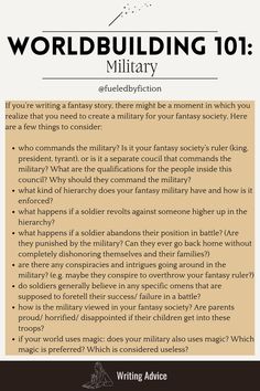 The pin shows questions you should ask yourself during your world building process: this time I am talking about including  a military to your fantasy society. Landscape Description Writing, Jobs In Fantasy World, Writing World Building, World Building Journal, How To Build A Fantasy World, World Building Aesthetic, How To World Build, World Building Inspiration, Dnd World Building