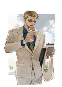 a drawing of a man in a suit and tie holding a drink while wearing sunglasses