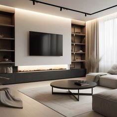 a modern living room with white furniture and a flat screen tv mounted on the wall