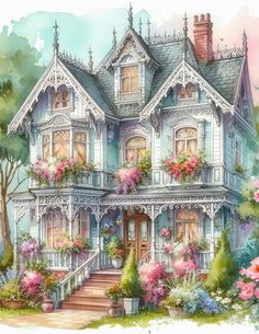 a painting of a victorian house with flowers on the front porch and steps leading up to it