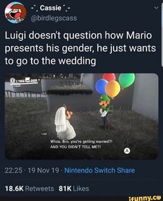 a tweet that reads luigi doesn't question how mario presents his gender, he just wants to go to the wedding