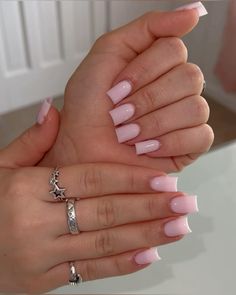 short, square, acrylics Shortie Nail Ideas, Square Acrylics, Plain Acrylic Nails, Milky Nails, Acrylic Toe Nails, Pink Gel, Colored Acrylic Nails