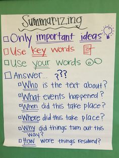 a green bulletin board with writing on it that says, summatizing only important ideas use key words