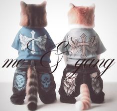 two cats wearing clothes with the words me gang on them