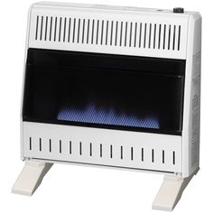 a white electric fireplace heater with blue flames on the front and back sides,