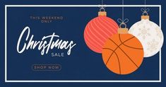 a christmas sale banner with ornaments hanging from strings and an ornament in the shape of a basketball