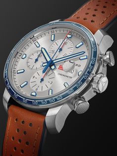 Chopard taps into the adrenaline rush of the historic Mille Miglia circuit – a 1, 000 mile open-road race that challenges skill, endurance and nerve. This 'GTS' watch is cast from sturdy stainless steel and houses a self-winding COSC-certified chronograph movement. The clean white dial is mapped with easy-to-read Arabic numerals and indices and displays hours, minutes and date, with 12-hour, seconds and 30-minute counters. The durable rubber strap is textured with raised details, inspired by ca… White Watches For Men, Latest Watches, Rubber Watches, Vintage Rolex, Perforated Leather, Stainless Steel Watch, Black Watch, Mr Porter, Leather Jewelry