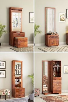 four different pictures of a wooden dresser and mirror in a living room with plants on the floor