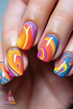 Get ready for summer with these vibrant and colorful summer nail designs! The swirling patterns of orange, yellow, and blue create a mesmerizing effect that will make your nails stand out. For more summer nail colors and inspo, check out nailhow.com. Best Summer Nail Designs, Summer Holiday Nails, White Summer Nails, Bright Summer Nails Designs, Summer Nail Colors, Fun Summer Nails, Summer Nail Designs, Holiday Nail Designs, Green Nail Designs