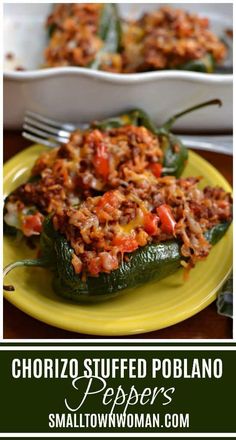 a yellow plate topped with stuffed poblano peppers next to a casserole dish