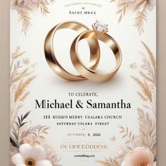 wedding card with two gold rings and flowers