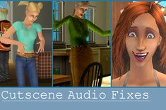 three different animated images of people in the same room, with text that reads cut scene audio fixes