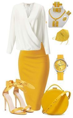 Yellow And White Outfit, Formal Fashion Outfits, Dress Outfits Ideas, Yellow Clothes, Modern Womens Fashion, Outfits Stylish, Yellow Skirt, Formal Fashion