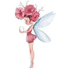 a fairy with pink flowers on her head and wings holding an egg in her hand