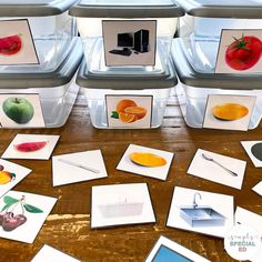 several different types of fruits and vegetables are shown on the table with matching cards in front of them