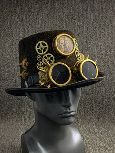 "This beautiful Steampunk Party Hat is made of 100% finest quality and hand-painted craftsmanship. Occasion: Great for Steampunk, Halloween, Music Festival, Burning Man, Masquerade Party, and more. Color: Black Inside Measurement: Length: 7.5\" Width:8\" Depth of Hat: 5.5\"" Steampunk Top Hat Diy, Steampunk Brimmed Mini Hats For Costume Party, Vintage Short Brim Costume Hats For Themed Events, Steampunk Brimmed Halloween Costume Hat, Vintage Top Hat With High Crown For Cosplay, Steampunk High Crown Mini Hat For Themed Events, Vintage High Crown Costume Hats For Cosplay, Vintage High Crown Top Hat For Cosplay, Steampunk Mini Hats For Halloween