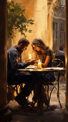 a painting of two people sitting at a table with candles in front of their faces