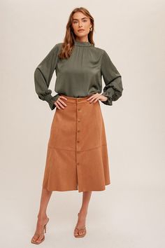 Cocoa Faux Suede Midi Skirt Womens Suede Skirt, Blue Skirt Outfit, Suede Midi Skirt, High Knee Boots, Skirt A Line, Faux Suede Skirt, Suede Skirt, Cardigan Top, Weekend Wear