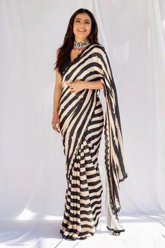 Shop for Punit Balana Black Satin Silk Striped Saree With Blouse for Women Online at Aza Fashions Striped Saree, Black And White Saree, Bengali Saree, White Saree, Seoul Fashion, Party Kleidung, Embellished Blouse, Stylish Sarees, Saree Look