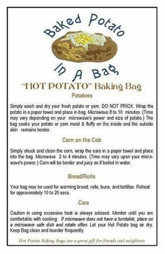 an advertisement for baked potato hot pot and bake bag with instructions on how to make it