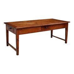 a wooden table with two drawers on one end and an open drawer on the other side