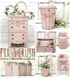 the pink dresser has flowers on it and is next to other items that are painted in different colors