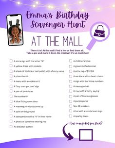 "Here is a great low cost birthday party idea. Have fun while spending little money. Find all 26 items on the list. Enjoy a Scavenger Hunt at the Mall.  Find a few or find them all! Take a pic and mark it done. Be creative, it's so much fun! Personalize your download with name and photo of the birthday boy or girl using Canva. You do not need a subscription to Canva in order to edit the template.  After purchasing a digital file, you will get an email from Etsy with the download link. Please mak Shopping Mall Scavenger Hunt, Mall Birthday Party Ideas, Mall Scavenger Hunt Birthday Party, Mall Birthday Party, Scavenger Hunt Birthday Party, Shopping Birthday Party, Mall Birthday, Bday Activities, Mall Scavenger Hunt