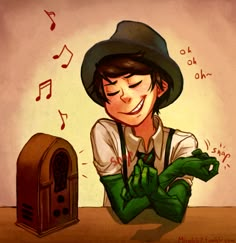 a drawing of a person wearing green gloves and a hat with music notes coming out of it