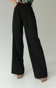 "Trousers \"palazzo\".  Elegant fabric premium. Perfect black colour. Classic high-waist palazzo pants. It has two folds on the front. High-quality and beautiful costume fabric, plastic and elegant. It has side pockets. We will sew white or black color to order.  Made to order, please enter your measurements in the personalization section. We need your waist, hips and desired trousers length measurements, please enter them in the personalization section . It is also possible to sew in small whol High Waist Black Wide Leg Pants For Office, Black Wide Leg Full Length Pants For Office, Black Full Length Wide Leg Pants For Office, Classic High-waisted Wide Leg Party Pants, Classic High-waisted Wide Leg Pants For Party, Black Wide-leg Office Dress Pants, Wide-leg Black Dress Pants For Office, Office Wide Leg Black Pants, Formal Black Wide-leg Dress Pants