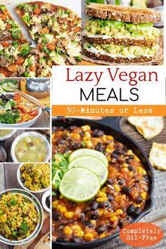 the cover of lazy vegan meals is shown with pictures of different foods and vegetables