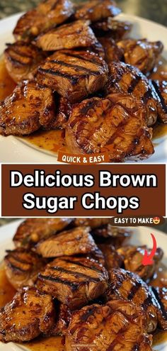 delicious and easy brown sugar chops recipe on a white plate with text overlay