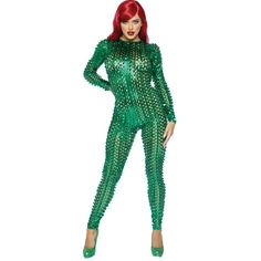 Leg Avenue Laser Cut Metallic Catsuit. This jumpsuit will be a show stopper at any function. Transform yourself head to toe in this silver Metallic jumpsuit. Be that Silver Metallic princess you have always desired to be or simply accessorize to create a one of a kind look. Great for any costume that is out of this world. Includes metallic jumpsuit. Boots and glasses not included. Size: M.  Color: Green. Disco Fitted Bodysuit For Costume Party, Disco Style Fitted Bodysuit For Costume Party, Stretch Rave Unitard For Costume Party, Fitted Rave Unitard For Costume Party, Rave Style Stretch Unitard For Costume Party, Rave Unitard For Halloween Costume Party, Rave Style Unitard For Halloween Costume Party, Fitted Halloween Costume Unitard, Stretch Unitard For Halloween Costume