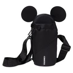 a black bag with mickey ears on the front and shoulder strap, attached to it