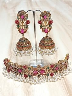 Nuratan chokers  with oversized Jhumkas            IN STOCK READY TO SHIP Indian Jewelry Set, Lehenga Designs Simple, Indian Wedding Wear, Indian Jewelry Sets, Choker Set, Pakistani Bridal, Jewelry Choker, Wedding Jewelry Sets, Wedding Wear