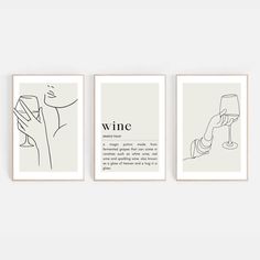 three framed art prints with wine glasses and hand holding a wine glass, one in black and white