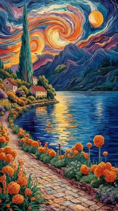 A vibrant and colorful landscape painting. At the forefront, there's a cobblestone pathway lined with blooming flowers in shades of orange and purple. On the left, a tall, slender tree stands tall, and a few houses with red roofs are nestled among lush greenery. The central focus is a serene body of water reflecting the sky's hues. Above, the sky is painted in swirling patterns of blues, purples, and oranges, reminiscent of Vincent van Gogh's 'Starry Night'. Surrealism Landscape Painting, Cobblestone Pathway, Orange And Purple Flowers, Mountains In The Distance, Colorful Landscape Paintings, Surreal World, Arte Alien, Enchanted Evening