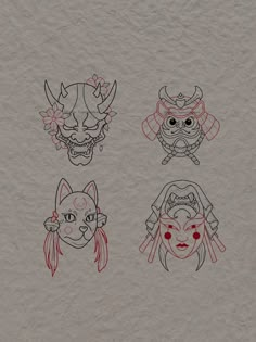 four drawings of different types of masks with red eyes and horns on them, all drawn by hand