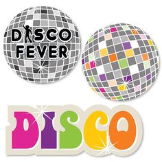 disco stickers with the word disco in different colors and shapes, including an image of a disco ball